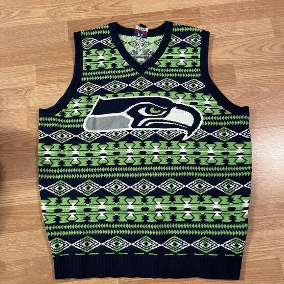 NFL Seattle Seahawks Ugly Sweater Vest Men’s Large Knit Holiday Large Logo - Picture 2 of 10